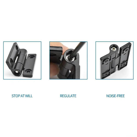 Close-up of 4Pack Adjustable Position Control Hinge Set with metal countersunk holes and adjustable torque zinc alloy damping hinge in black finish.