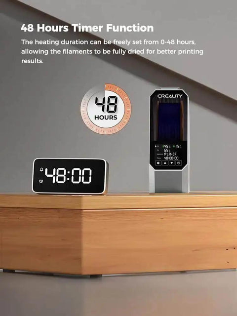 Space Pi Filament Dryer For 3D Printers, 360 Degree 80W PTC Dehydrator Box with 48-hour timer display on wooden surface