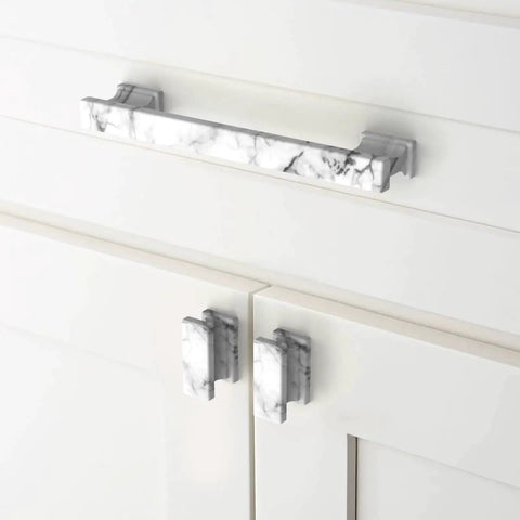 White Marble 5 Inch Cabinet Handles Set Of 10 Zinc Alloy Pulls for cabinets and dressers kitchen hardware installed on white cabinets