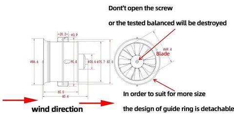 Technical diagram of 70mm EDF Ducted Fan RC Jet With 3400KV Brushless Motor 4S Or 3S Ready 12 Blades 80A ESC Balance Tested