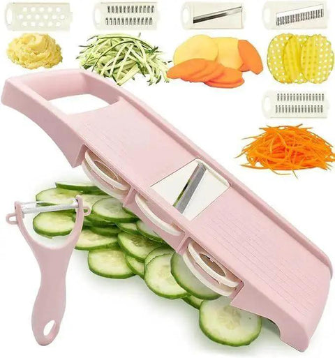 Pink 5 In 1 Mandoline Slicer For Veggies And Potatoes With Peelers Graters And Waffle Fry Cutter Easy Prep Tool NACOLUS shown with blades