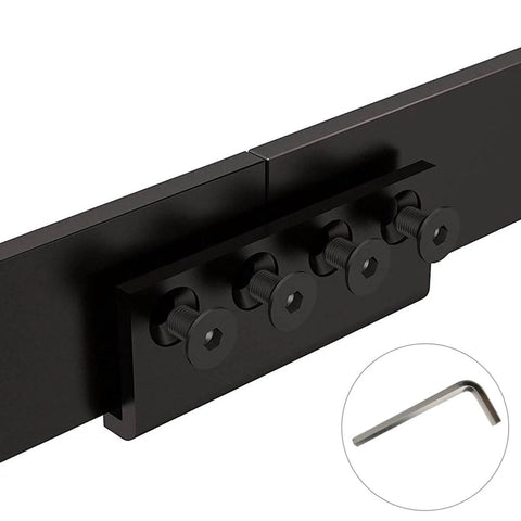 Flat Rail Connector Plate for Barn Door Track Adapter, shown in durable black finish with screws and included allen wrench