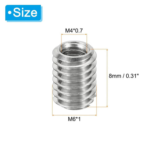 Front view of PATIKIL stainless steel thread adapter sleeve reducing nut, M6x1 male to M4x0.7 female, 8mm tall