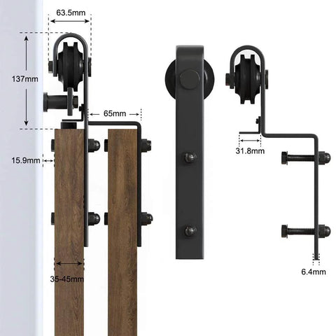 Bypass Sliding Barn Door Hardware Kit For Low Ceiling Six Point Six Feet Rail System With detailed dimensions and components shown
