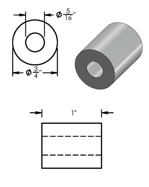 Diagram of Aluminum Spacer 3/4 Inch Outer Diameter 5/16 Inch Inner Diameter Round Unthreaded Standoff Bushing Plain Finish 1 Inch Length