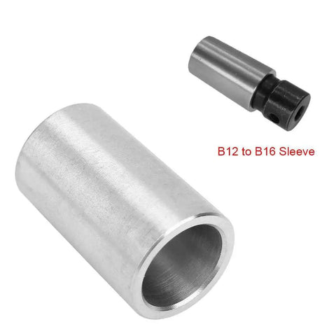 Two views of stainless steel B12 to B16 drill chuck conversion sleeve; hollow cylindrical adapter.