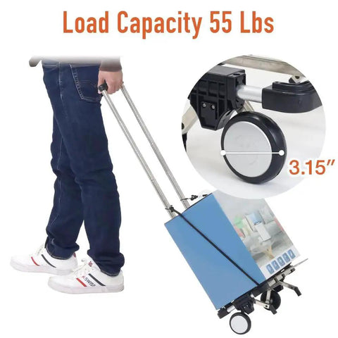 Person using Foldable Luggage Cart With Two Wheels Lightweight Portable Travel Dolly for 55 lb load capacity on flat surface.