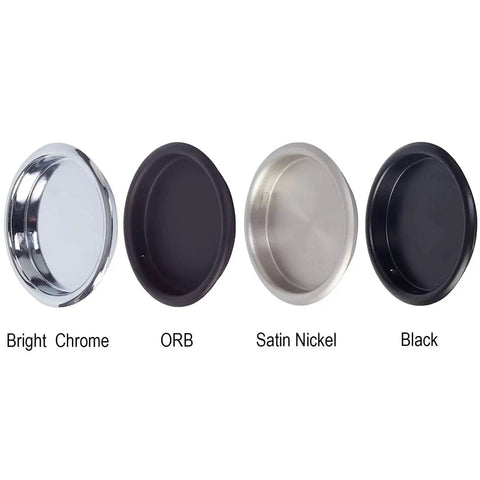 Four round closet door finger pulls in varied finishes: Bright Chrome, ORB, Satin Nickel, Black, for sliding doors.