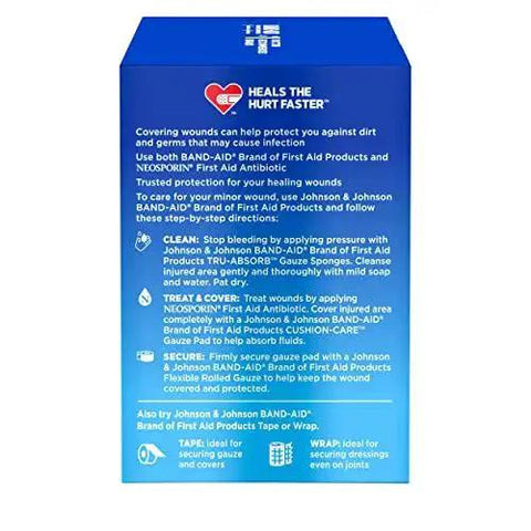 Back of box for Flexible Sterile Rolled Gauze Dressings For Minor Wounds With Soft Padding And Instant Absorption 3 Inches By 2.1 Yards Value Pack Of 5 Band Aid Brand Of First Aid showing wound care instructions and product benefits.