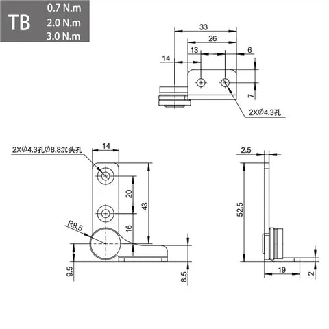 Damping hinge, 304 stainless steel, left TA, non-adjustable torque 2.0 N.m, 1 piece