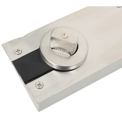 Close-up of Invisible Door Pivot Hinge System For Hidden Bookcase Doors On Wood Doors And Secret Doors, stainless steel component.