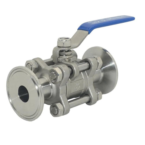 VARMHUS 1/2 in sanitary ball valve, 1.5 in tri-clamp ends, 304 stainless steel, blue lever, two-way/three-piece.