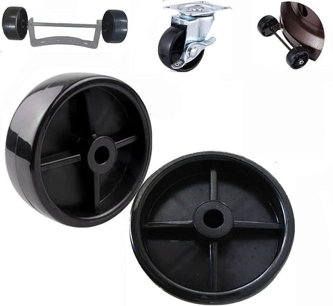 Two black 3-inch plastic patio heater wheels with central axle hole.