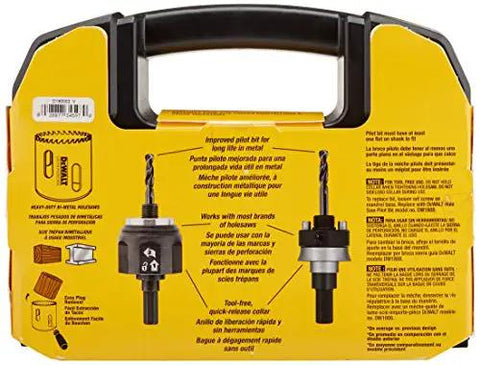 Back view of DeWalt Workhorse Heavy Duty Bi Metal Hole Saw Kit packaging showing product features and illustrations.