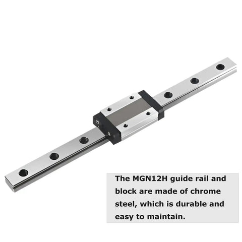 MGN12 200mm Linear Rail Guide Set With Carriage Block for 3D Printers and CNC X Y Z Axes, steel rail with black carriage.