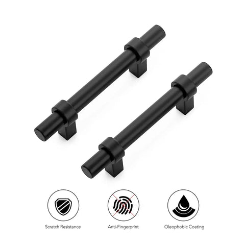 30 Pack Matte Black 5 Inch Cabinet Pulls With Square Base, shown with scratch resistance, anti-fingerprint, and oleophobic coating icons.