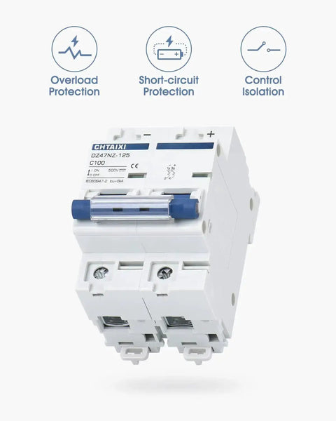 2 Pole 500V 125A DC Circuit Breaker Isolator for Solar PV Systems Thermal Magnetic Trip DIN Rail Mount High Current DC Disconnect