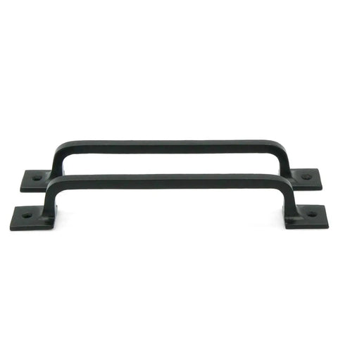 Black Cast Iron Pull Handles 9 Inch Square Base Set Of 2 Durable Powder Coated Finish For Cabinet Doors Gates Barn Doors And Interior Exterior Use Rustic Farmhouse Style Hardware Suitable For Indoor And Outdoor Use.