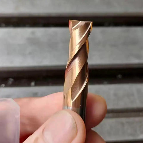 Close-up of a Six Piece Carbide End Mill Set For Steel Upcut CNC Router Bits With Square Nose And Center Cutting TISIN Coated