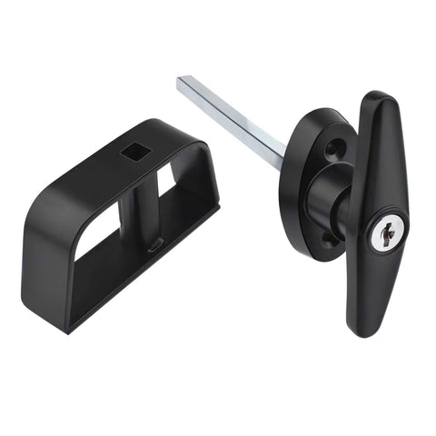 Durable Shed Door Hardware Kit With 6-Inch T-Hinges, T-Handle Lock, Latches And Barrel Bolts, black T-handle lock close-up