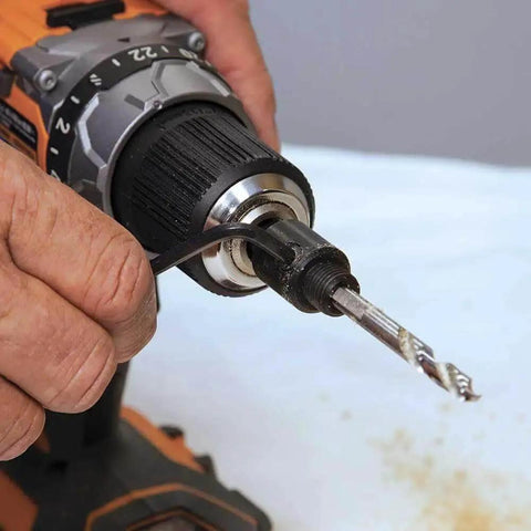 Fast Engage Hole Saw Arbor With Adapter 3/8 Inch For Klein Tools Saws attached to power drill, steel construction visible