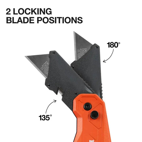 Flickblade 2 In 1 Folding Utility Knife And Scraper With Built In Blade Storage showing two locking blade positions at 135° and 180°.