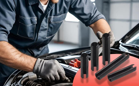 Mechanic using 390 Piece Roll Pin Set Including 13 Sizes Black Slotted Spring Pins And Expansion Cylindrical Pins Assortment with car engine
