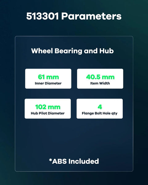 Specifications for Two Pack Front Wheel Hub And Bearing Assembly For Audi A4 Allroad A4 Quattro A5 Quattro A7 Quattro A8 Quattro RS5 RS7 S6 S7 2009 To 2016 Replacement Kit With Drop-In Fit And High Quality Wheel Bearing Module For Smooth Rolling, including dimensions and ABS included.