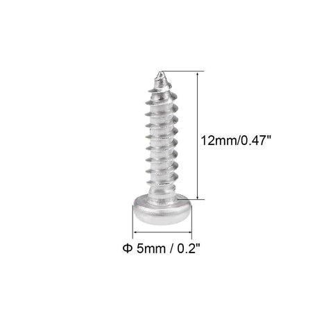 Close-up of 316 Stainless Steel Self Tapping Screws 3x12mm Phillips Pan Head 50 Piece Set with measurements