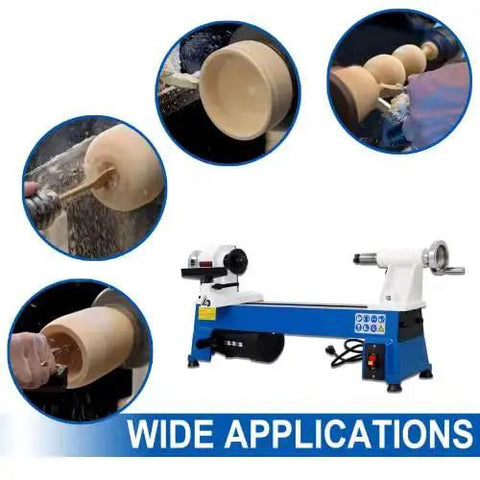 Versatile Benchtop Wood Lathe Workhorse With 10 By 18 Turning Capacity, Five Variable Speeds 500 750 1150 1800 3200 RPM displayed with wood turning examples