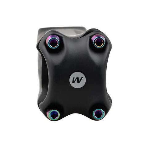 Front view of Titanium Bicycle Stem Bolts with Washers Rainbow Finish M5x18mm Allen Hex Heads on bike stem