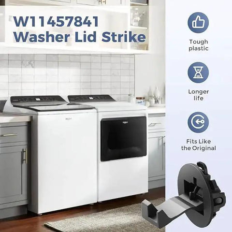 Washer lid strike 2-pack for Whirlpool/Maytag washers, front view, tough plastic replacement part.