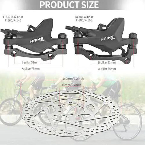 Haiks MT200 hydraulic disc brake set for mountain bikes; two 2-piston black aluminum calipers with 160mm rotors