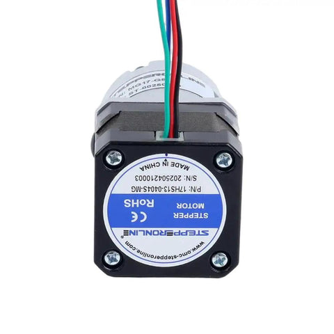 Nema 17 stepper motor with 34mm length, 5 to 1 planetary gearbox, and wiring shown from rear, heavy duty torque for CNC, 3D printing, robotics.