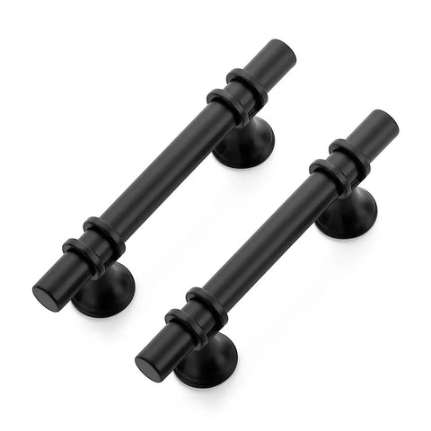 Two matte black cabinet pulls from 30 Pack 5 Inch Matte Black Cabinet Pulls With Round Base For Kitchen Cabinets And Drawer Fronts, 3 Inch Center To Center Hole Spacing, Durable Metal Handles With Sleek Contemporary Design, displayed on a white background.