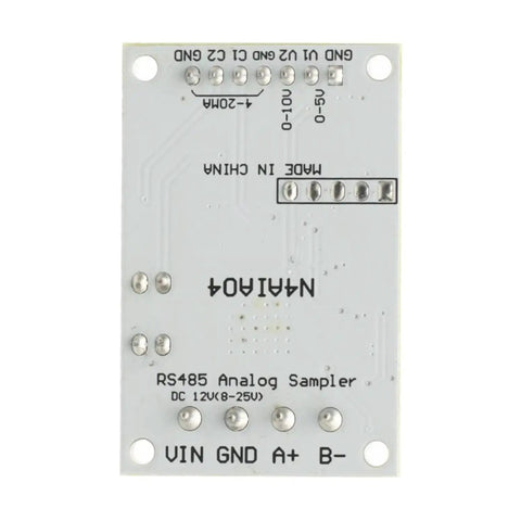 Back view of 12V DC Signal Acquisition Module for PLCs with 4-20mA to 0-5V and 0-10V outputs RS485 Modbus RTU connector layout.