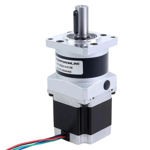 Nema 23 Stepper Motor Bipolar With 10 To 1 Planetary Gearbox MG Series for high torque low noise, built-in shaft coupling visible.