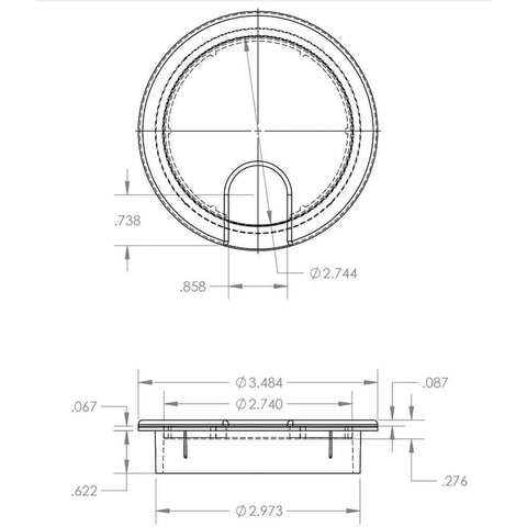 Technical diagram of 3 Inch White Round Wire Management Grommet With Removable Lid For Cut Hole Size 3.0 Inch Inside Diameter 2.77 Inch