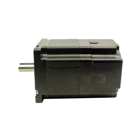 Black NEMA 34 size stepper motor with metal shaft protruding left, side view.