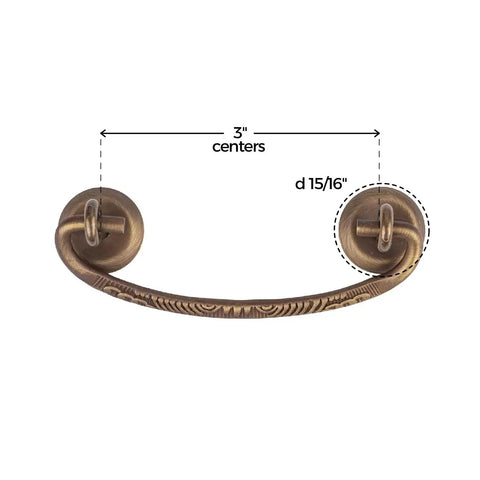 Classic Aged Brass Drawer Bail Pull With Three Inch Centers For Antique Cabinets And Dresser Drawers, Traditional Reproduction Furniture Hardware With Fifteen Sixteenth Inch Rosette Diameter, Includes Two Eye Bolts And Two Rosette Backplates