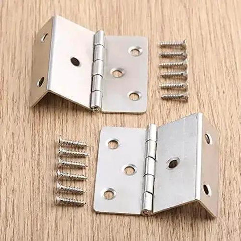 Two Pack 43 By 17mm Zinc Alloy Cabinet Door Hinges For Furniture Decor, vintage retro style, silver finish with screws on wood surface