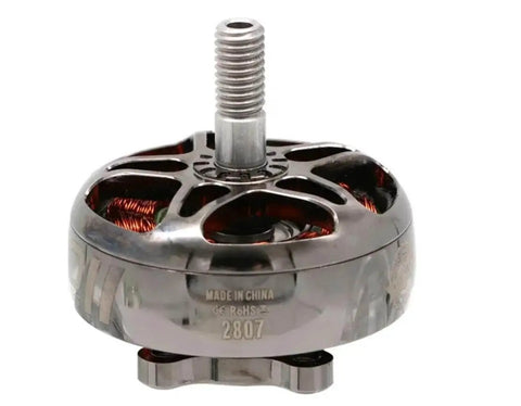 Eco II 2807 Brushless RC Motors Set For FPV Racing Drones, 4 Pack, focus on single motor showcasing copper windings and shaft