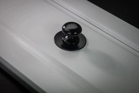 Matte Black Large Bifold Closet Door Knobs Four Pack With Renovation Ready Wide Base Zinc Round Kitchen Wardrobe Dresser Dummy Pull Knobs One And A Half Inch Furniture Sideboard Drawer Handles installed on door