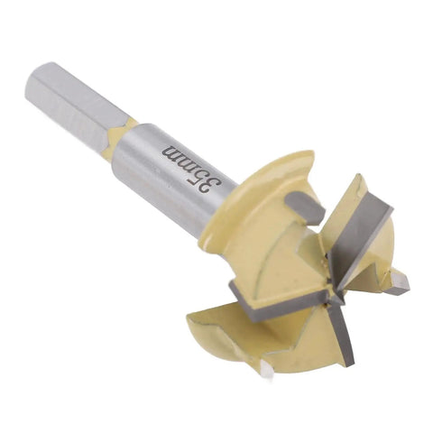 35mm Hinge Boring Bit With 9mm Hex Shank And 10mm Drilling Depth, 3 Flute Hinge Hole Cutter for woodworking, side view