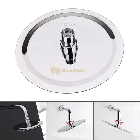 NearMoon 8-inch chrome rain shower head; round chrome plate with central threaded hub and ceiling-mount views.