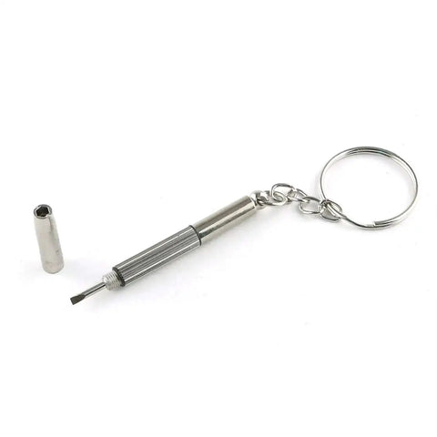 Close-up of tiny three-way screwdriver on keychain from 600 Piece Mini Electronics Screws And Nuts Kit for precision devices.
