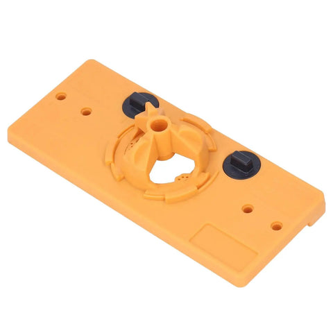 Front view of 35mm Hinge Hole Jig Drill Set For Woodworking And Door Hinge Installation, includes cutter bits and locator, bright yellow ABS.
