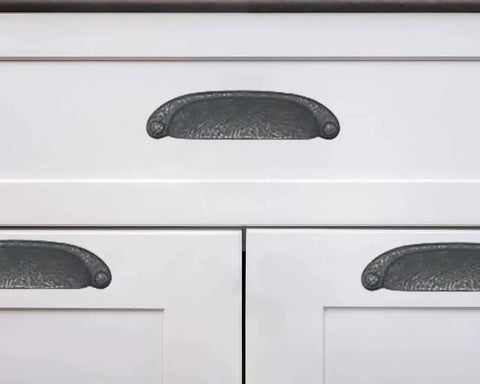 10 Pack 3 Inch Hole Center Black Iron Cup Drawer Pulls For Cabinets And Dressers installed on white cabinet