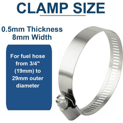 Stainless steel hose clamp with screw; 0.5mm thick, 8mm wide, for fuel hoses from 3/4" (19mm) to 29mm OD.