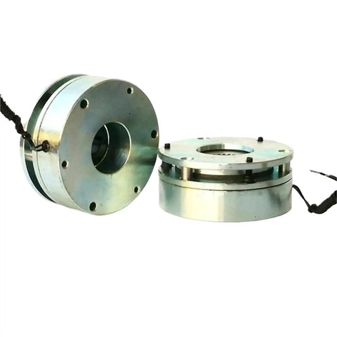 Electromagnetic brake assembly with flange-mount circular housings; two silver metal units with mounting holes and wiring